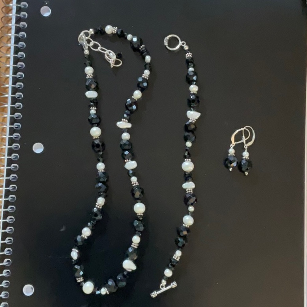 Silver black crystals with pearls 3 piece set worn 1 time